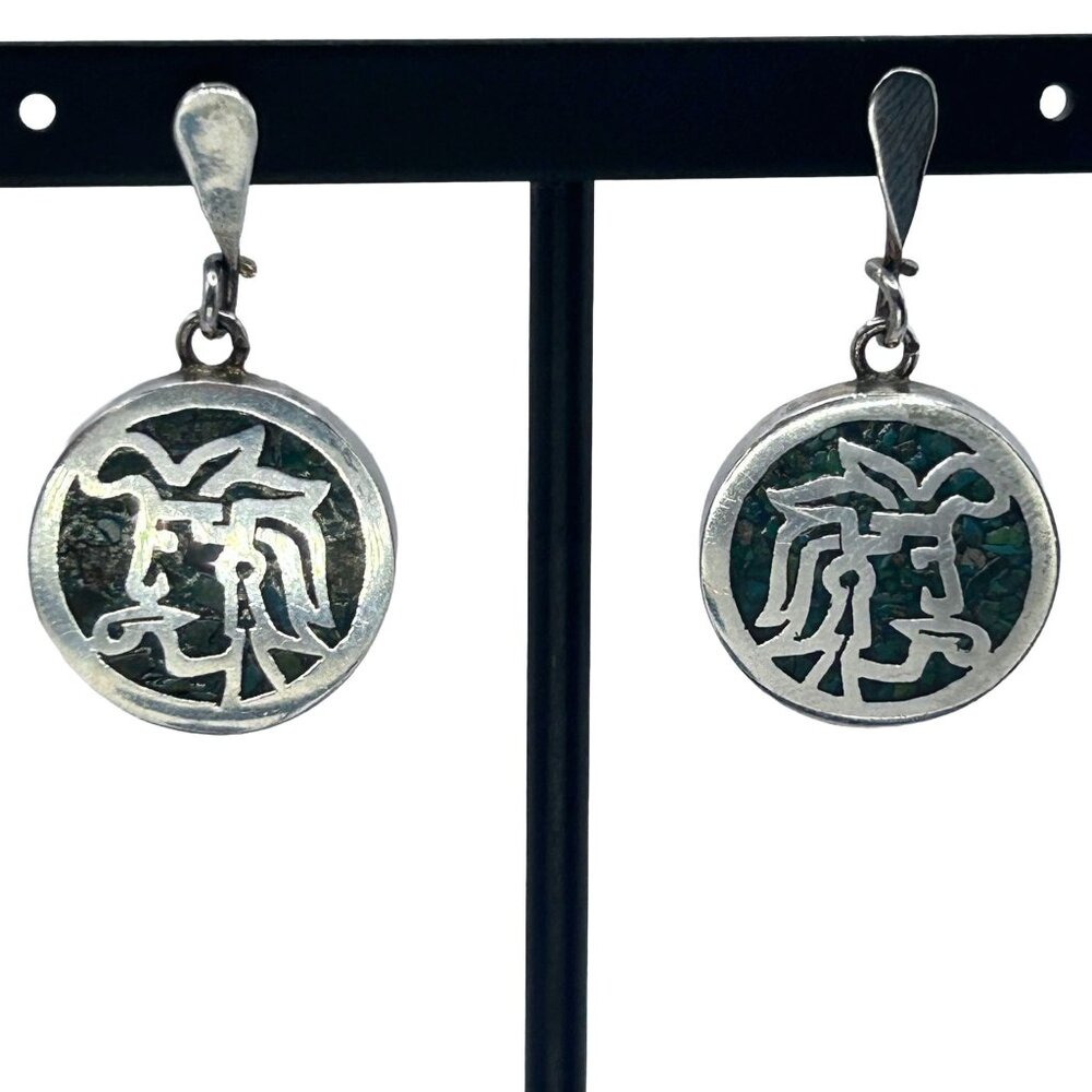 Vintage Mexico MC-47 925 Sterling Silver & Turquoise Inlay Dangle Drop Earrings